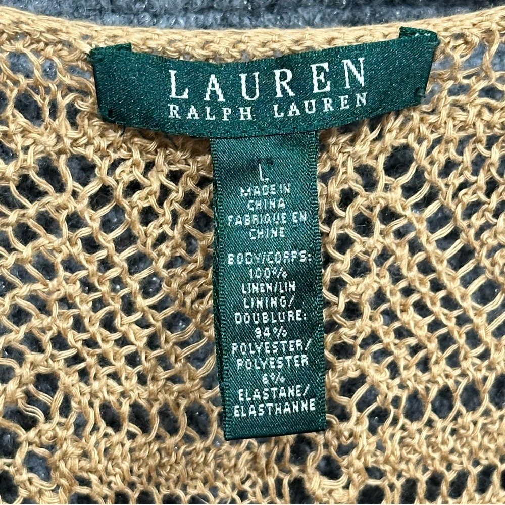 Lauren Ralph Lauren crochet linen beach cover up dress LARGE fringe tan gold - Picture 5 of 8